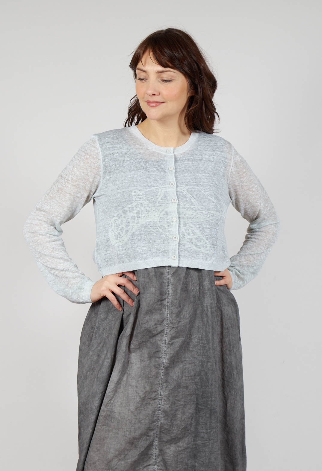 Lightweight Cropped Cardigan in Grey Cloud Print