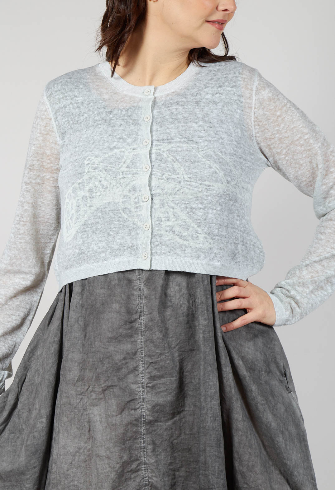 Lightweight Cropped Cardigan in Grey Cloud Print