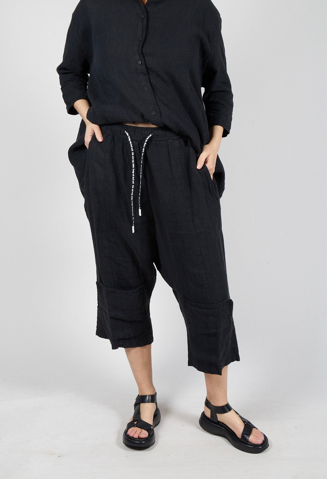 Drop Crotch Linen Trousers in Black