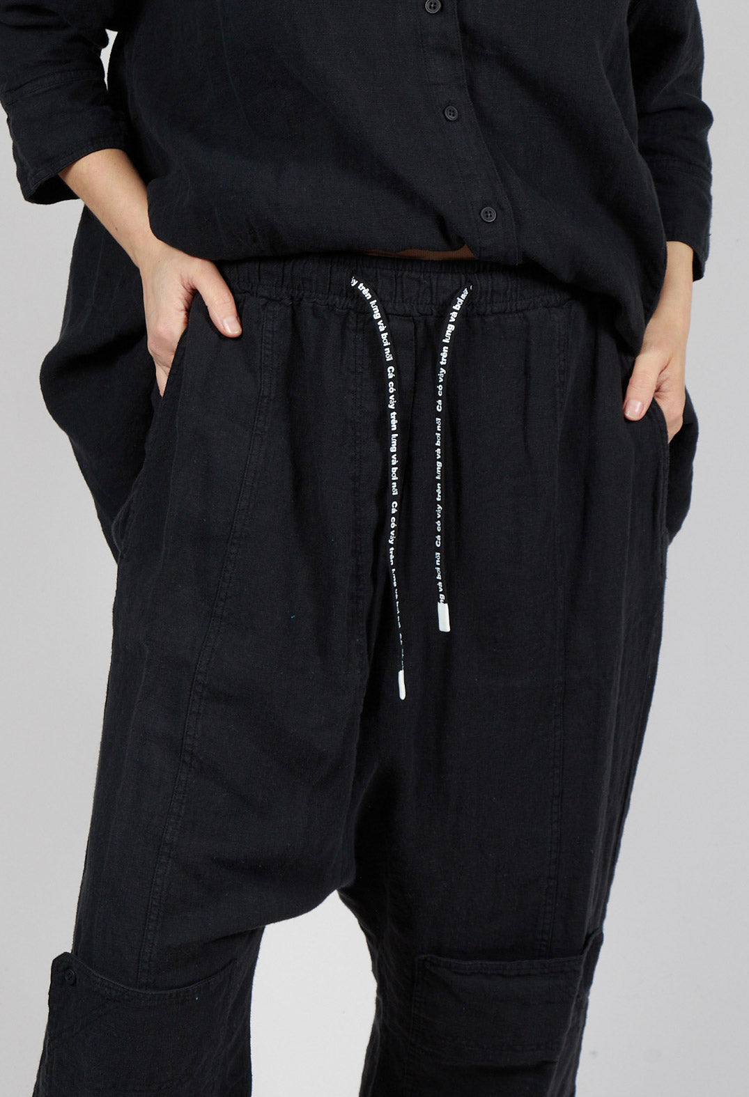 Drop Crotch Linen Trousers in Black