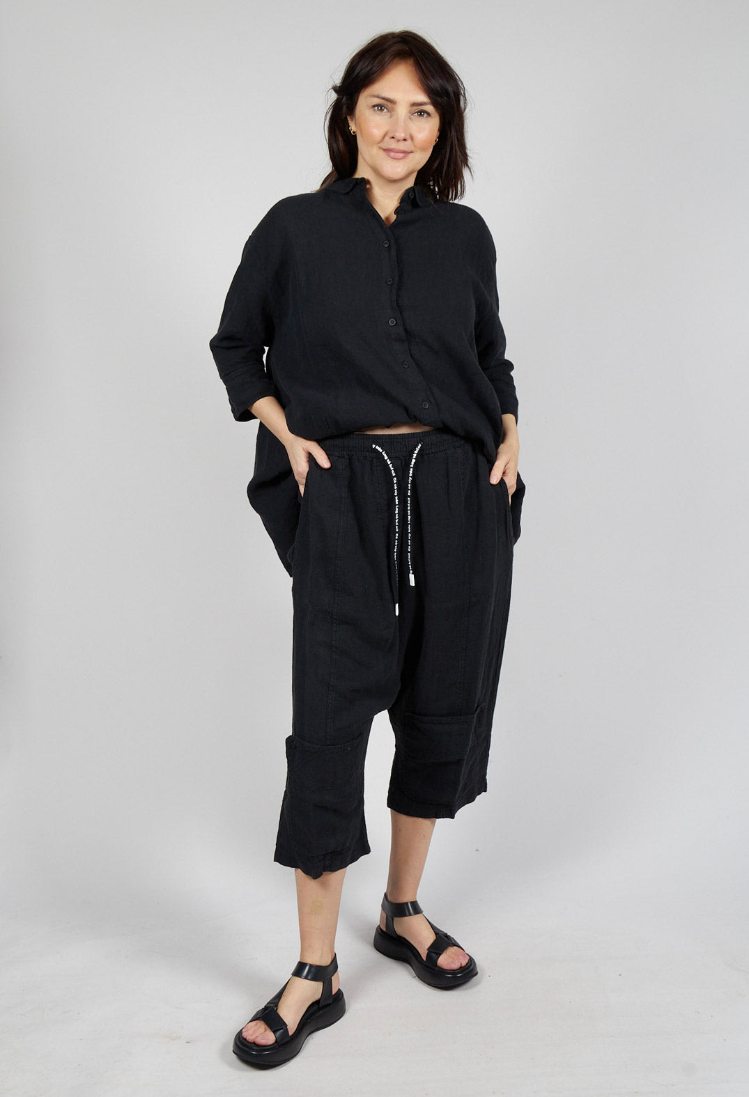 Drop Crotch Linen Trousers in Black