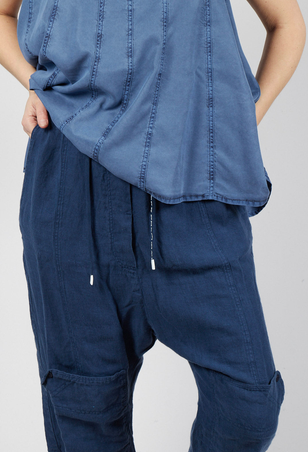 Drop Crotch Linen Trousers in Navy