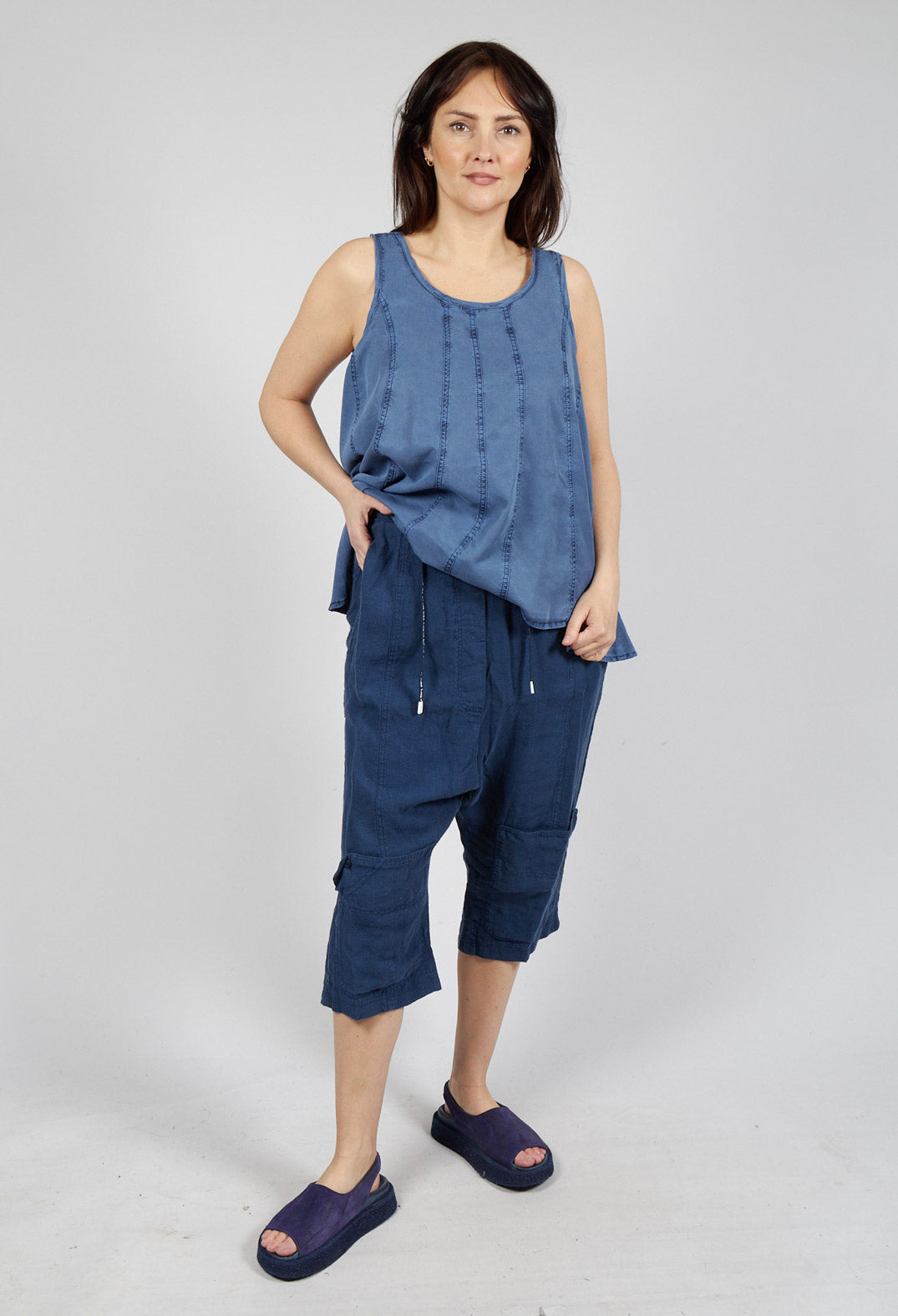 Drop Crotch Linen Trousers in Navy