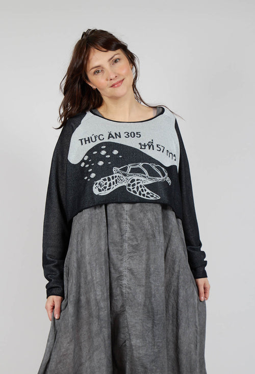 Cropped Pullover with High Low Hem in Black Jacquard