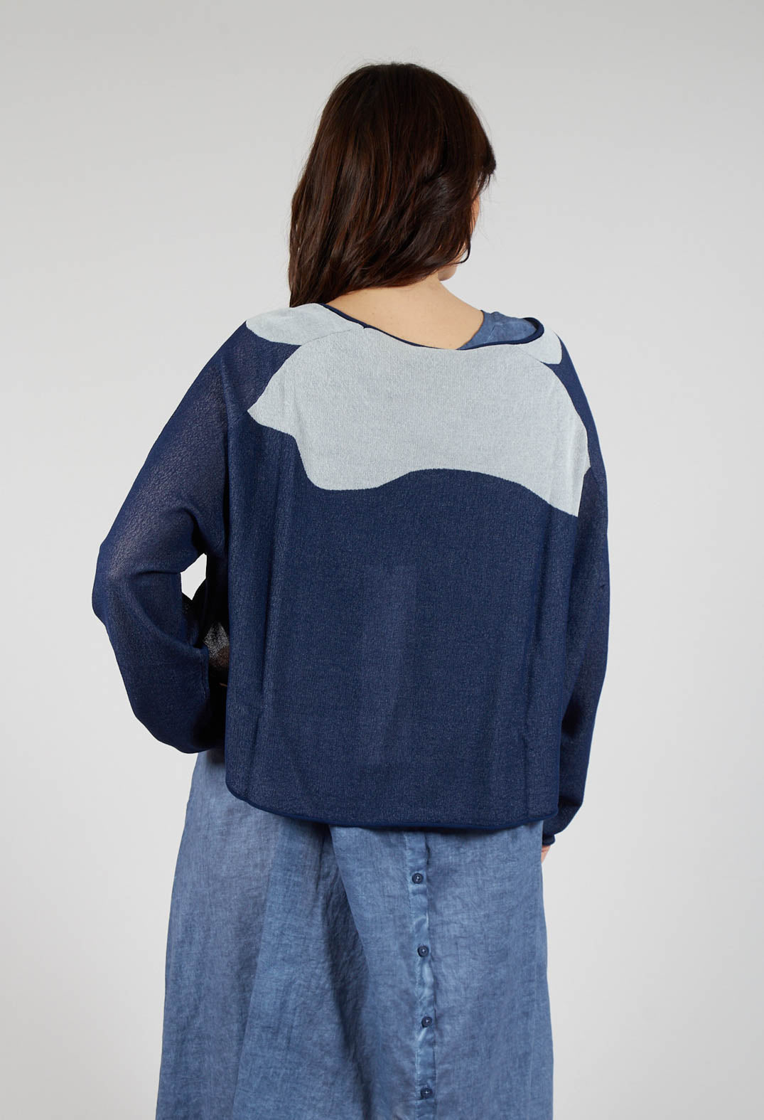 Cropped Pullover with High Low Hem in Navy Jacquard