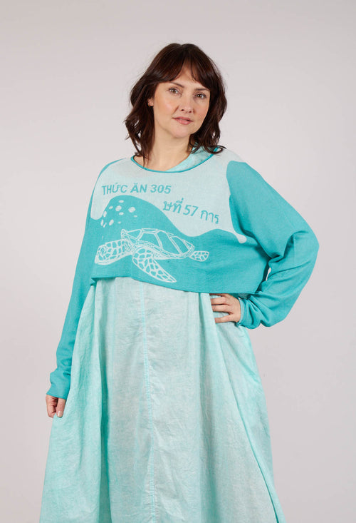 Cropped Pullover with High Low Hem in Aqua Jacquard