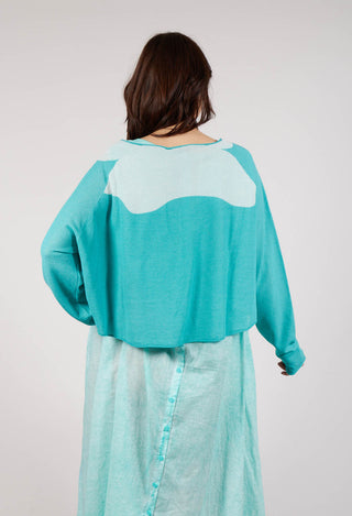 Cropped Pullover with High Low Hem in Aqua Jacquard