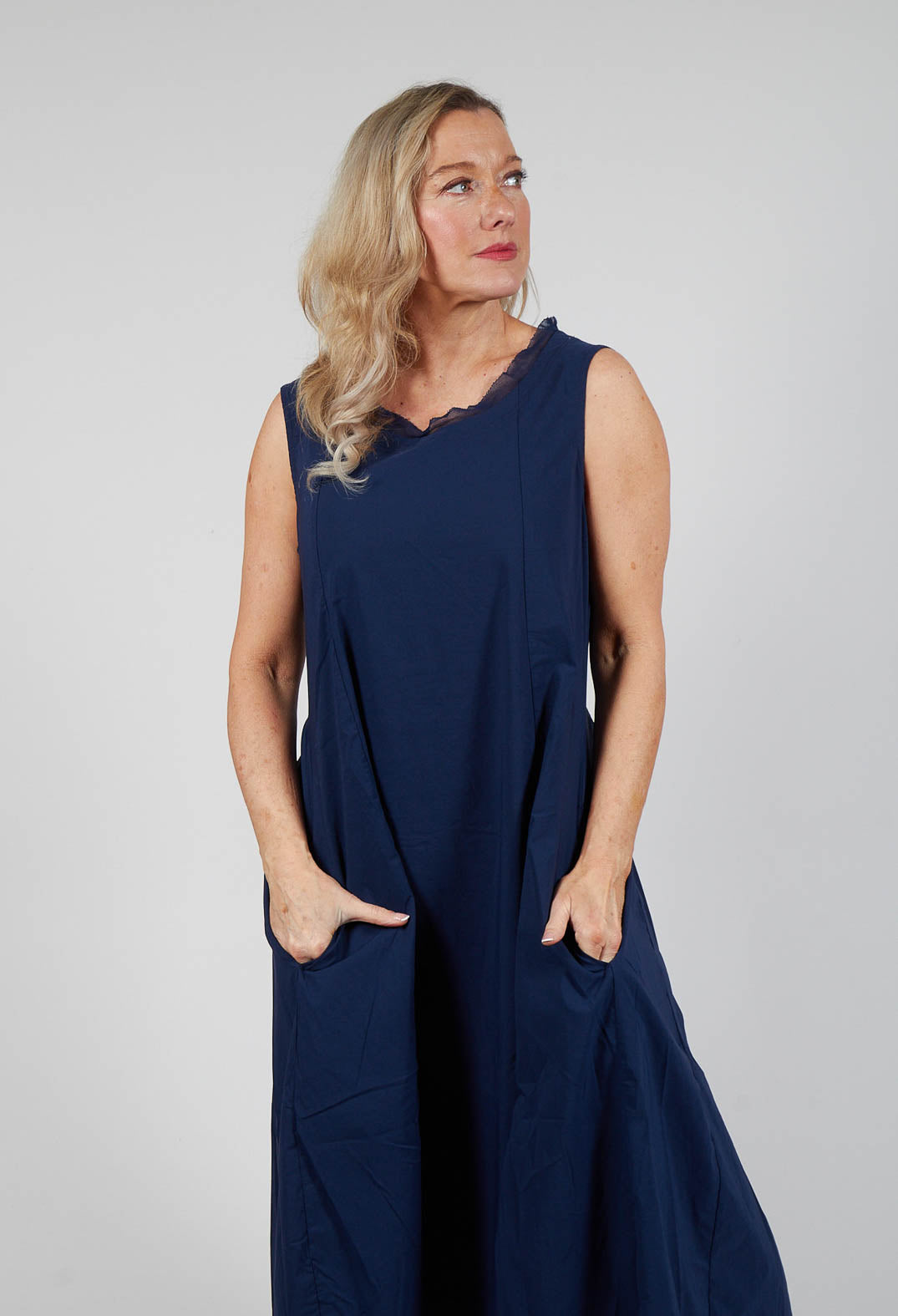 Sleeveless Dress with Mesh Edging in Navy