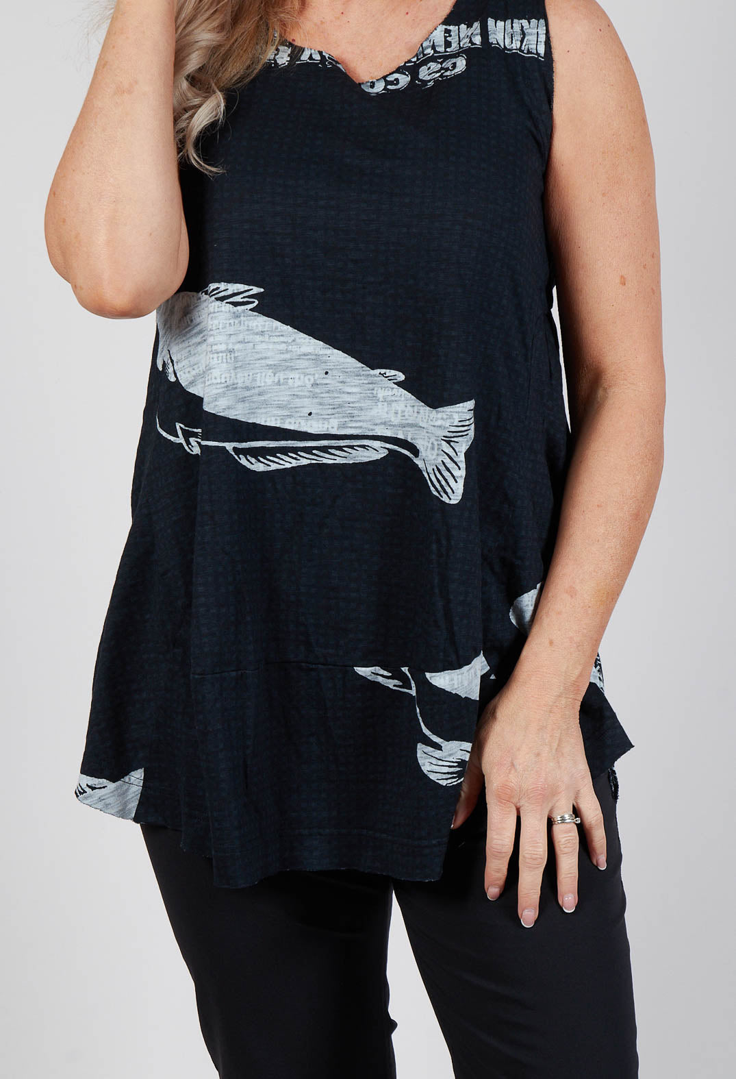 Oversized Top with High Low Hem in Black Print