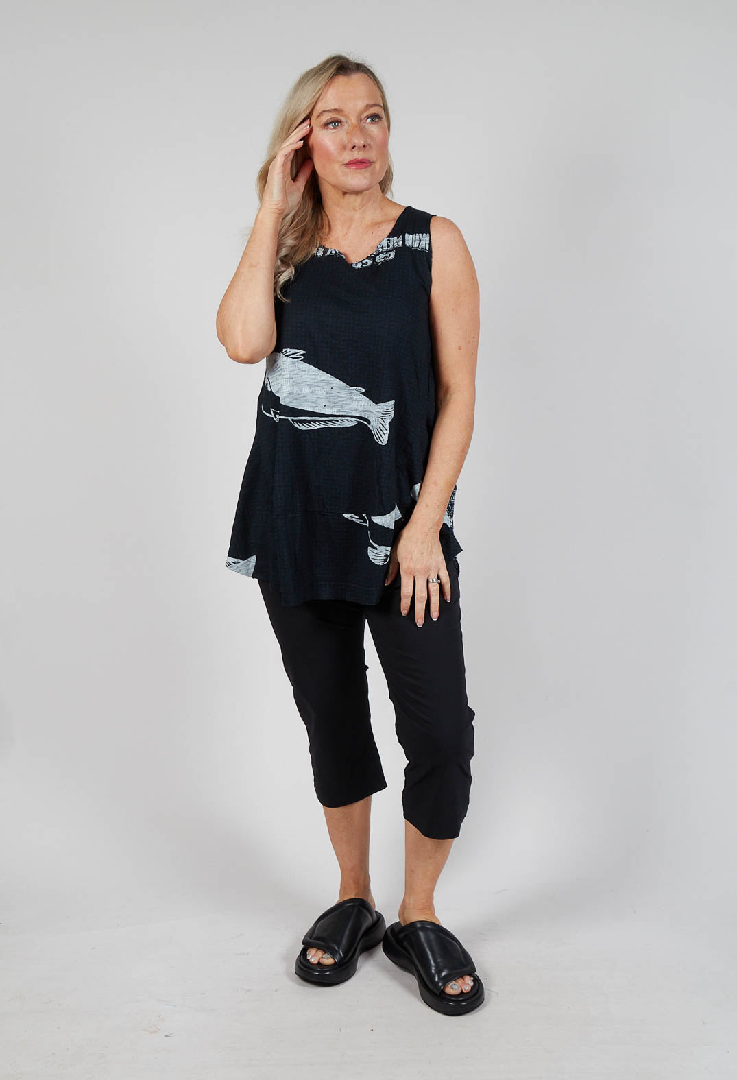 Oversized Top with High Low Hem in Black Print