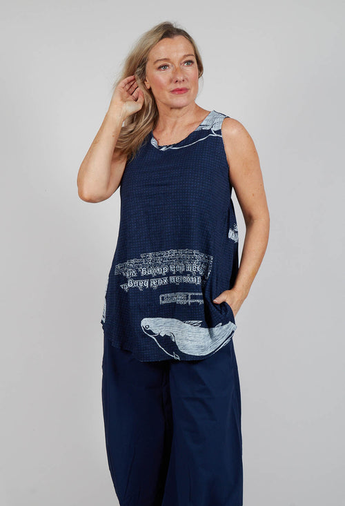 Oversized Top with High Low Hem in Navy Print