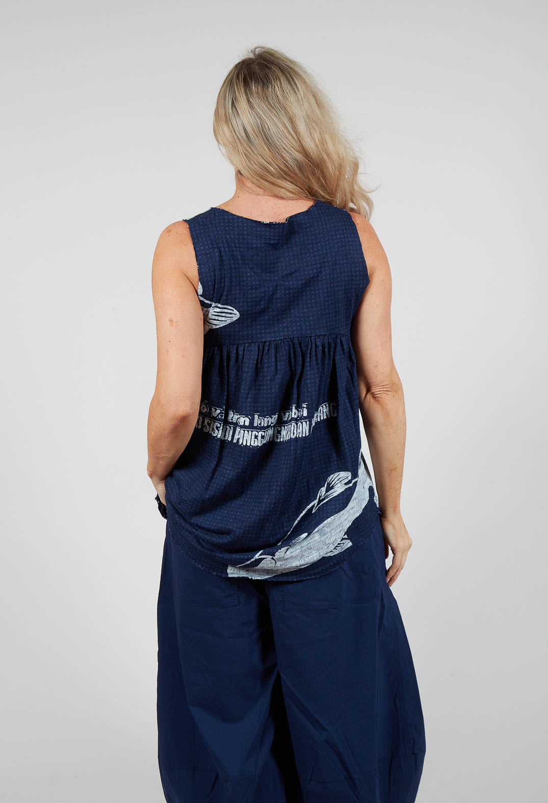 Oversized Top with High Low Hem in Navy Print