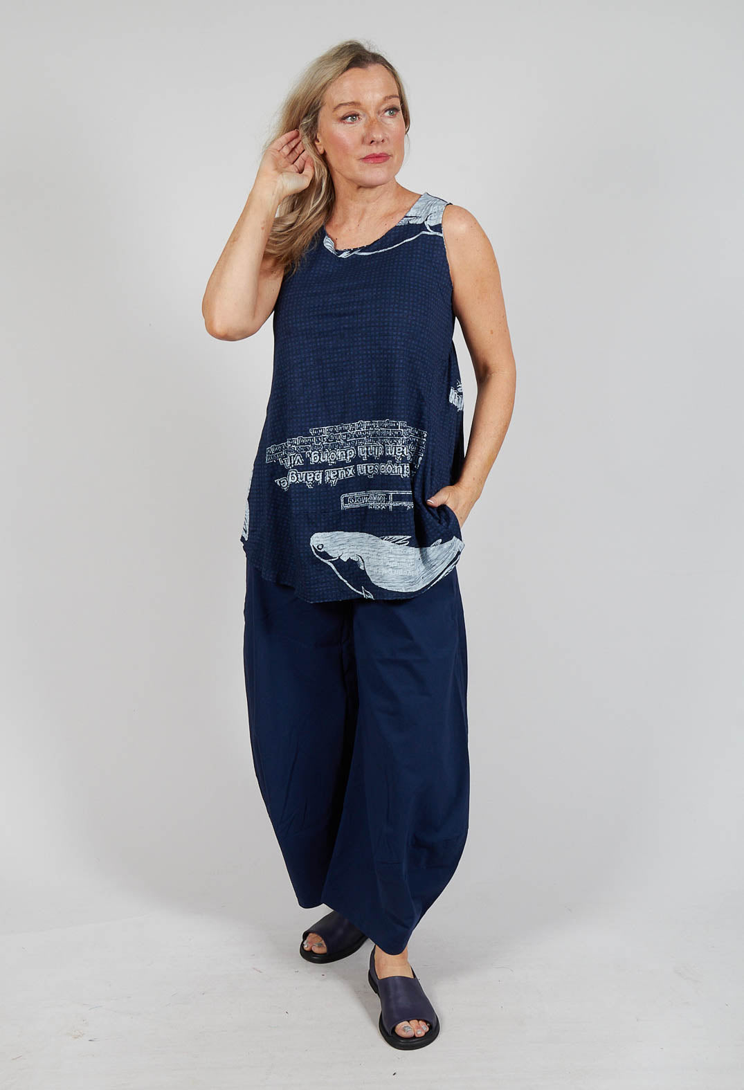 Oversized Top with High Low Hem in Navy Print