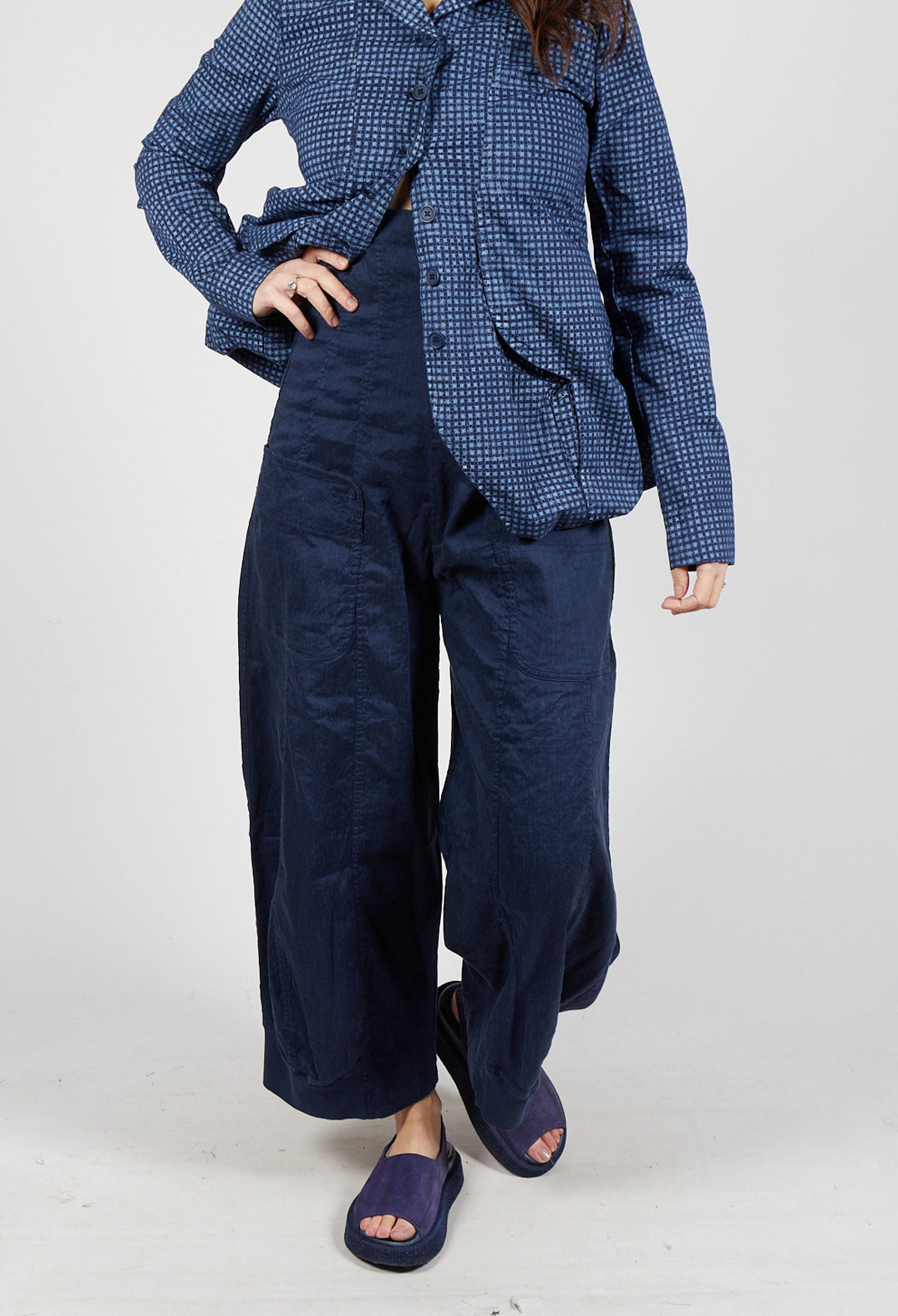 Trousers with Fold Over Waistband in Navy