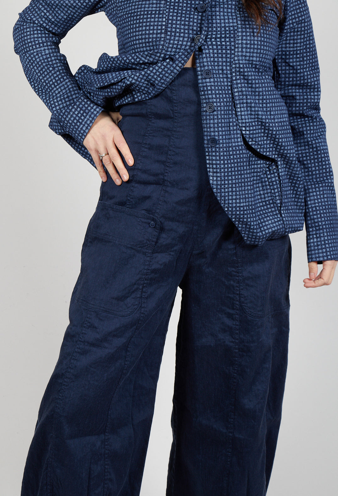 Trousers with Fold Over Waistband in Navy