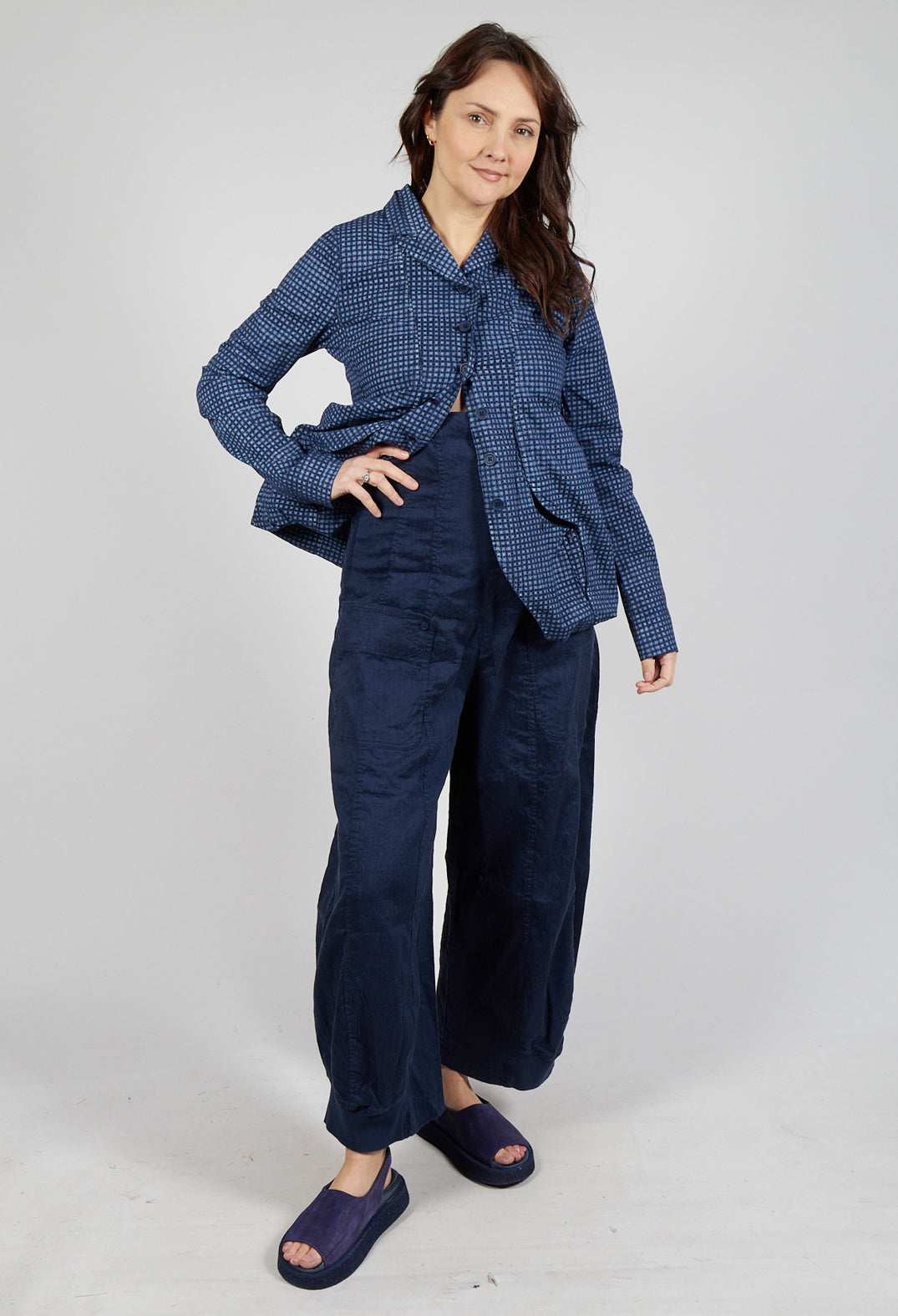 Trousers with Fold Over Waistband in Navy