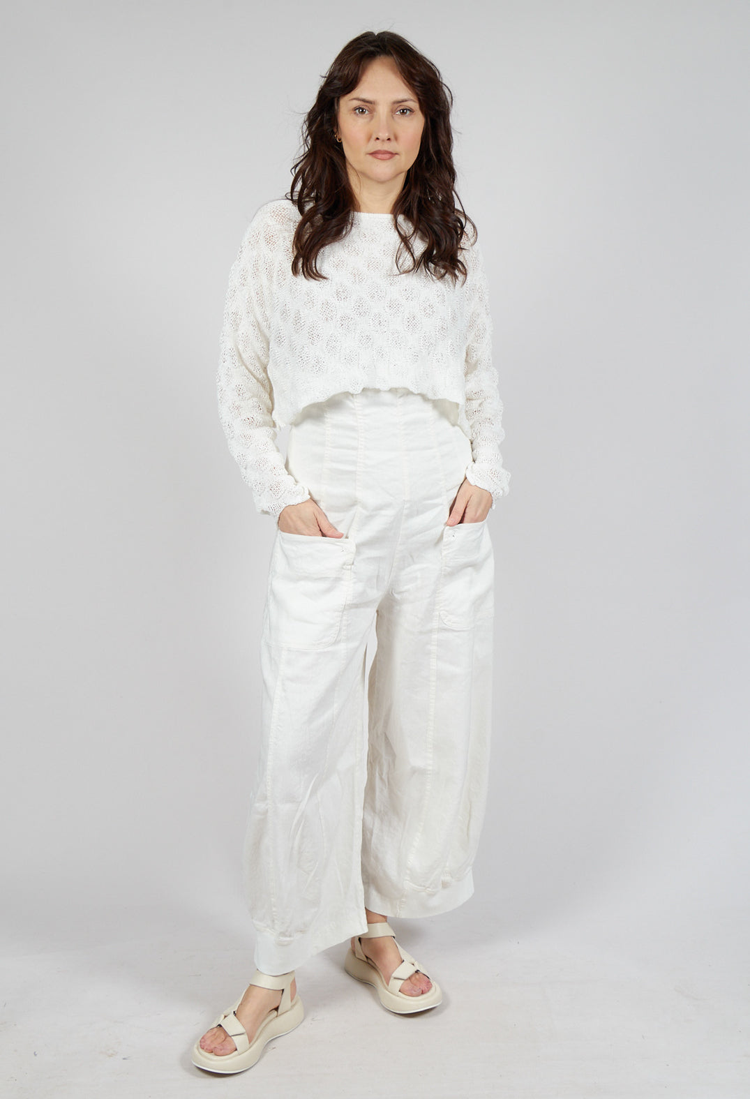 Trousers with Fold Over Waistband in Offwhite