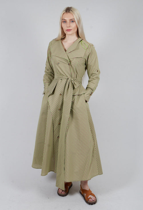 Asymmertic Pinstripe Dress in Beige and Green