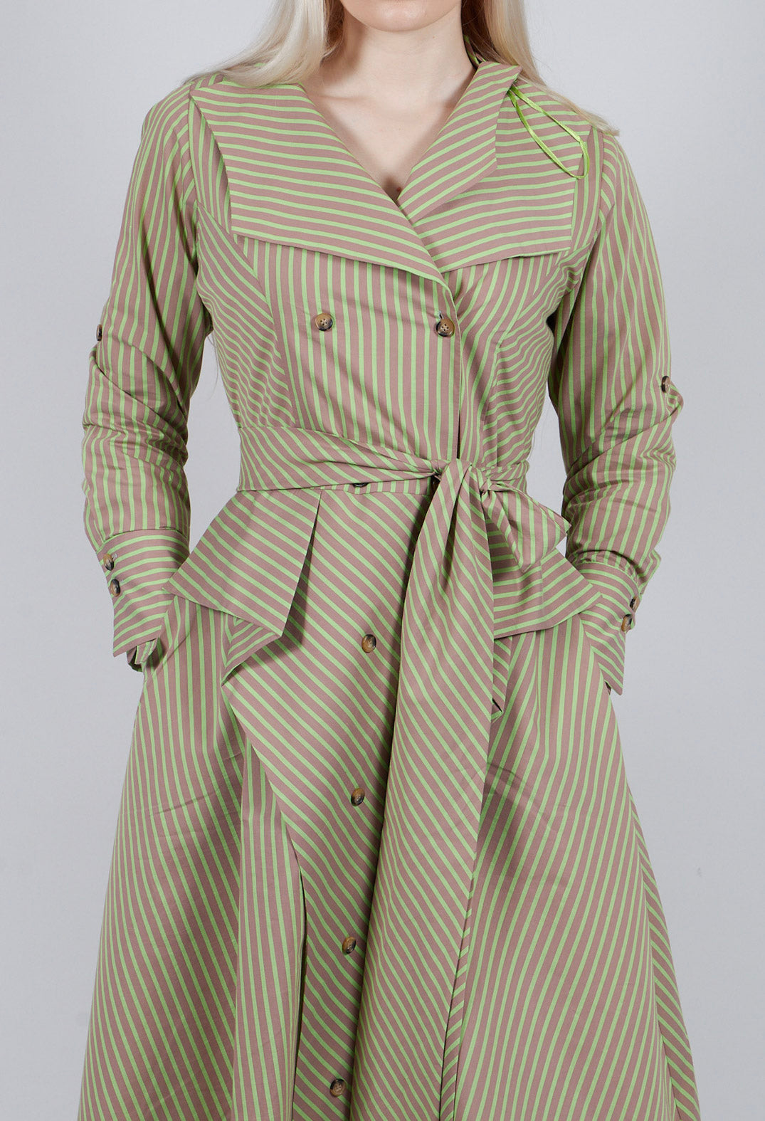 Asymmertic Pinstripe Dress in Beige and Green