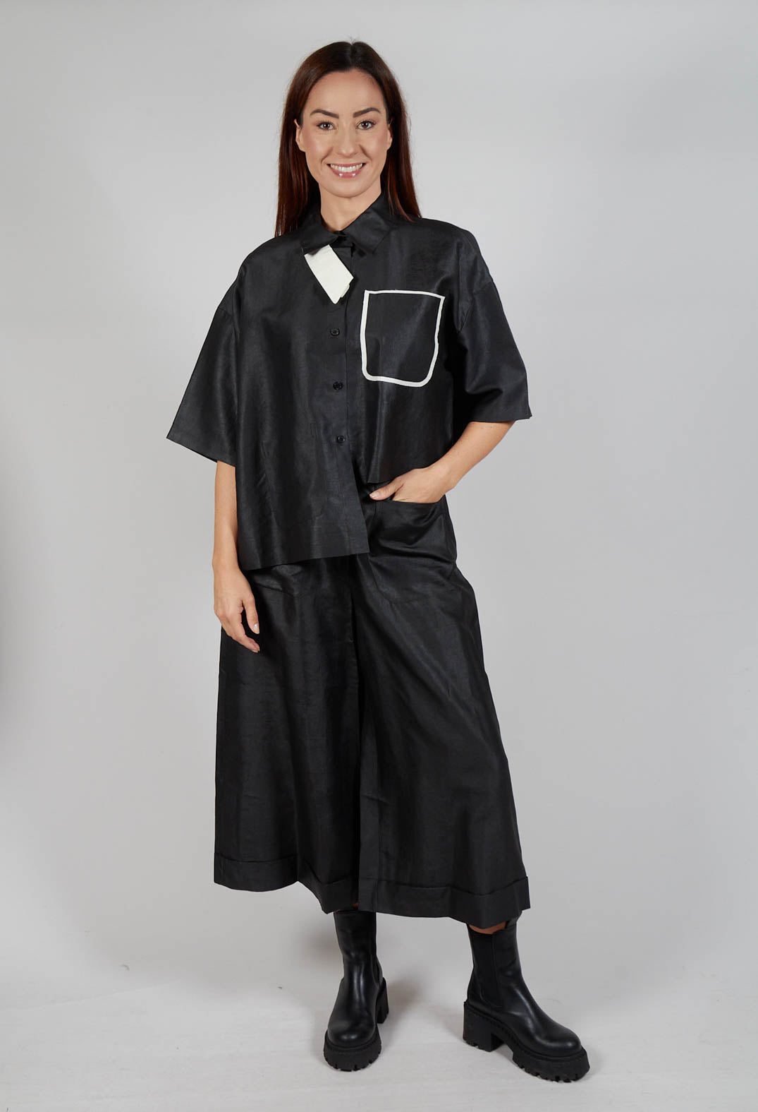 Asymmetric Silk Cropped Shirt in Black