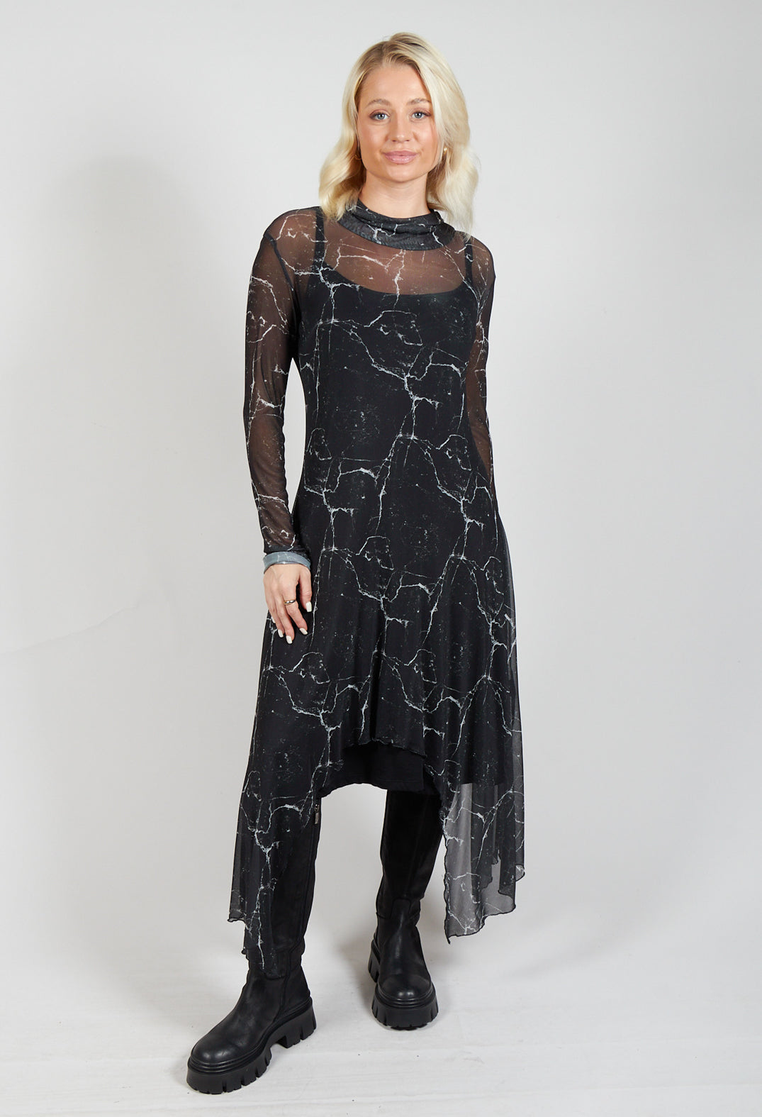 Asymmetrical Sheer Dress in Black Print