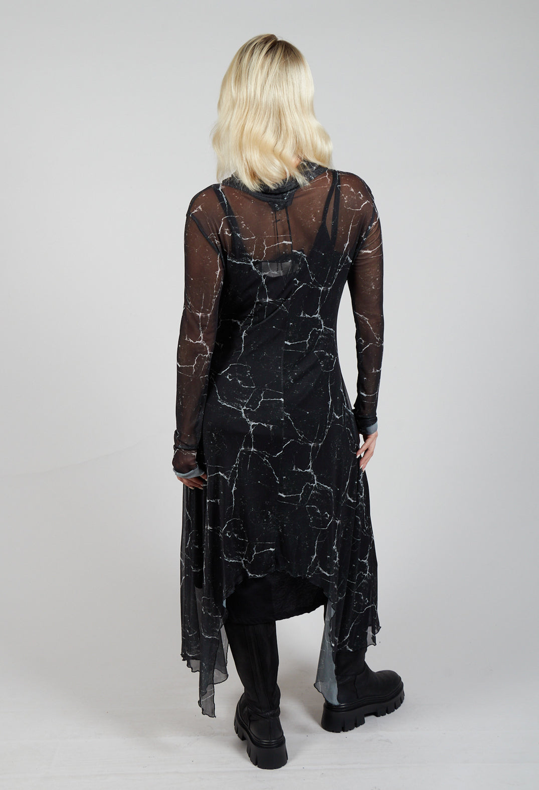 Asymmetrical Sheer Dress in Black Print