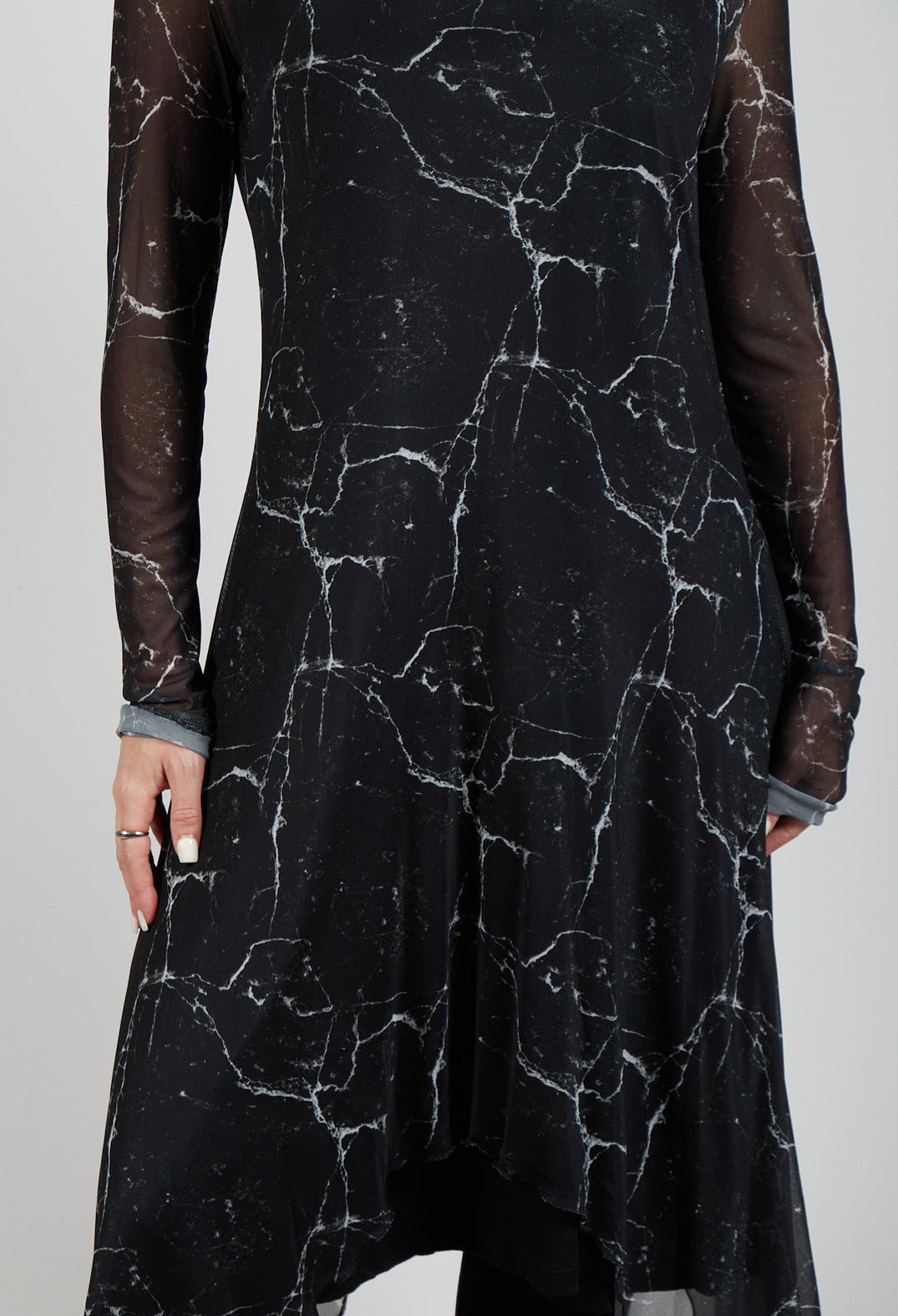 Asymmetrical Sheer Dress in Black Print