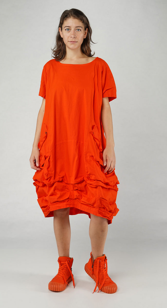 PRE-ORDER -  Balloon-Shaped Midi Dress with Folded Fabric Detailing in Semi Bleach (Pictured in Mandarine)