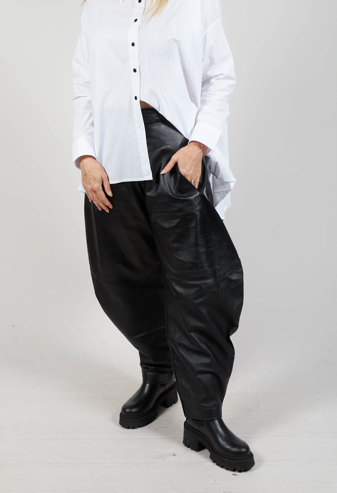 Barrel Leg Leather Trousers in Black