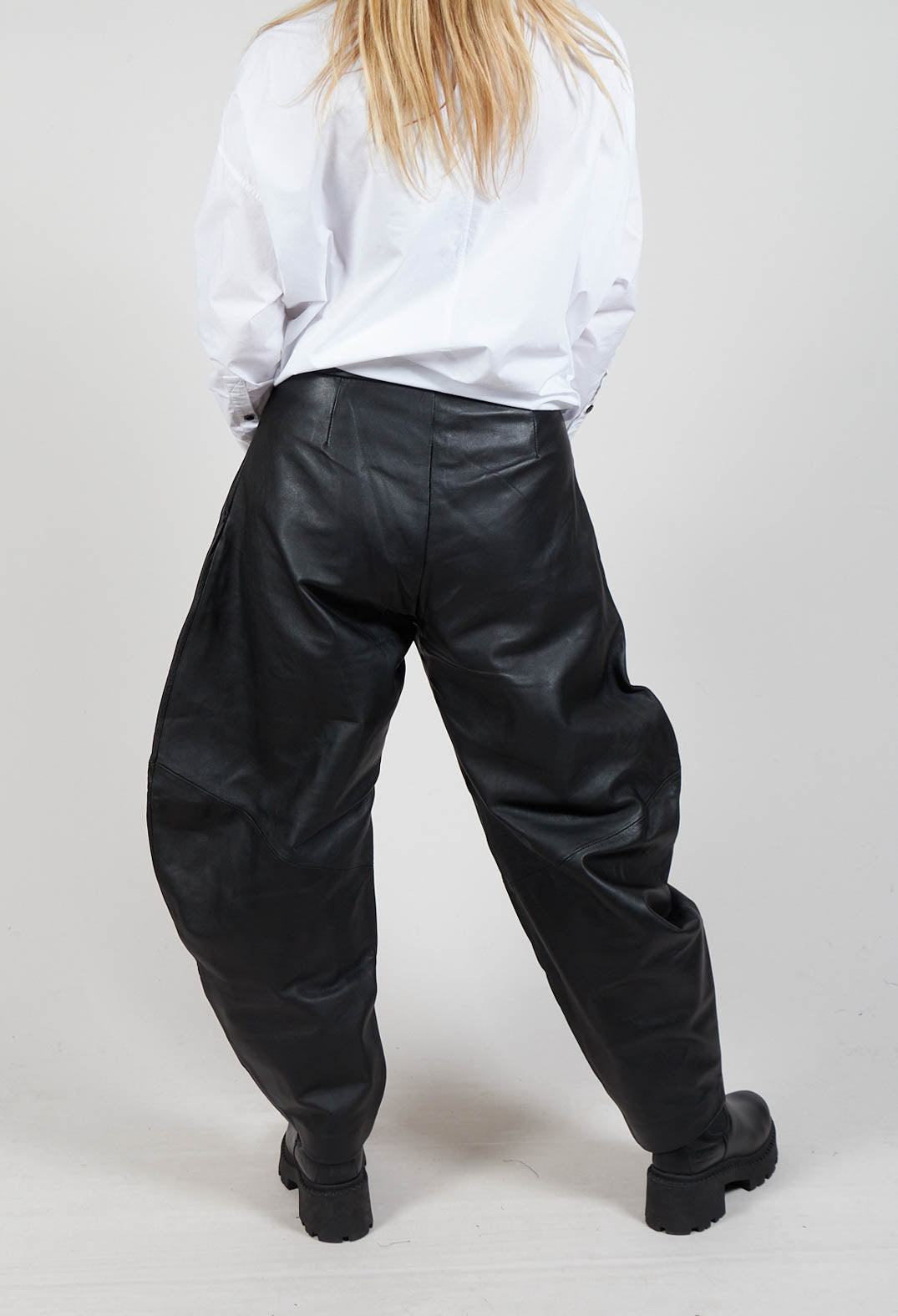 Barrel Leg Leather Trousers in Black