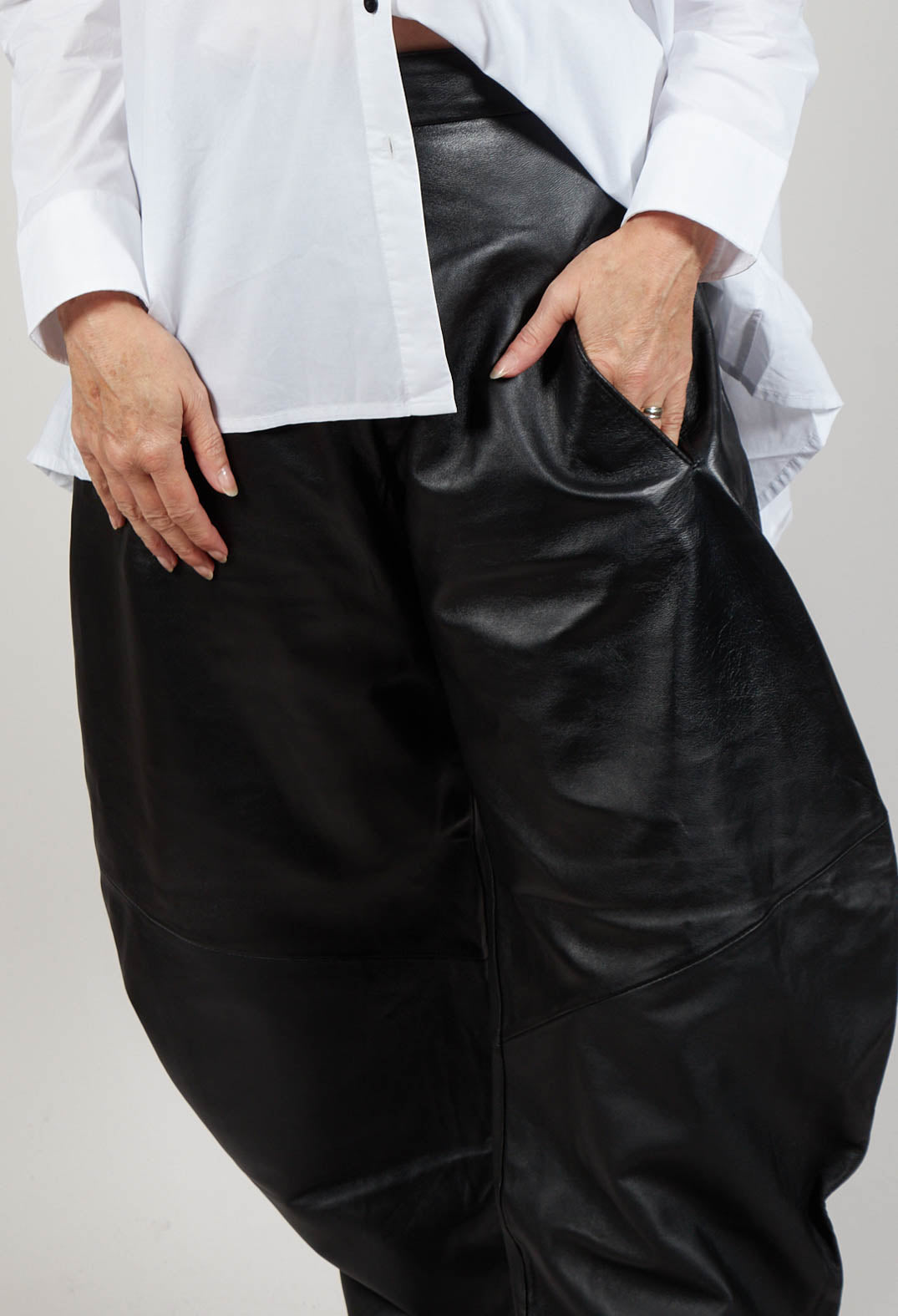 Barrel Leg Leather Trousers in Black