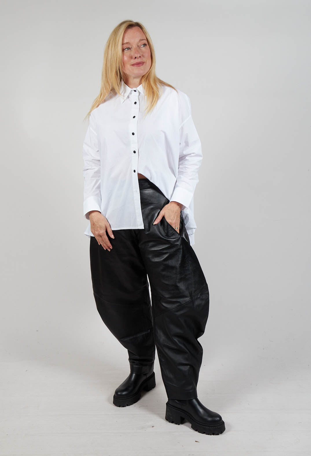 Barrel Leg Leather Trousers in Black