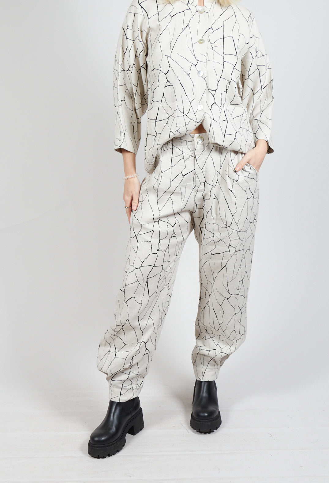 Barrel Leg Trousers with Print in White