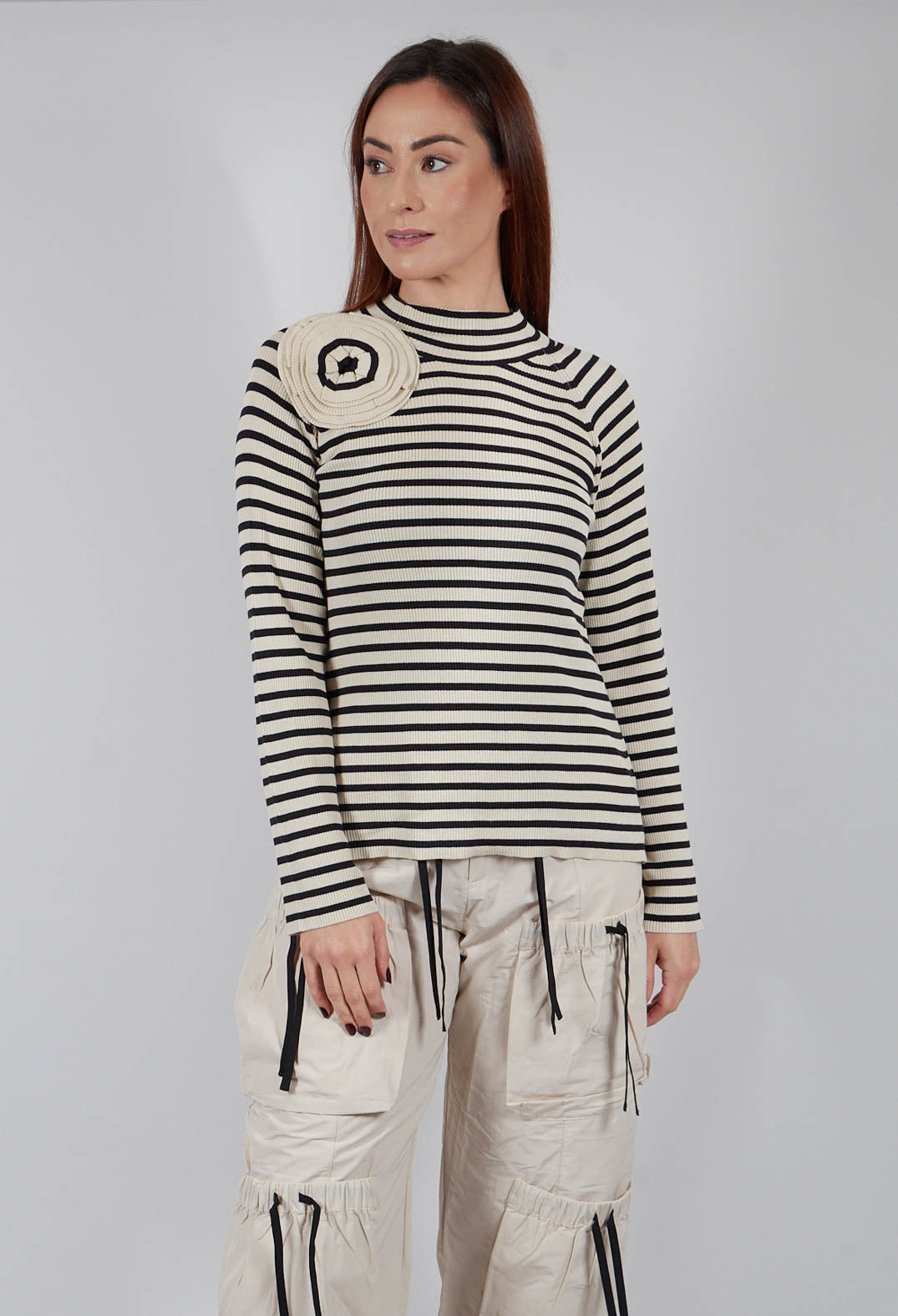 Bloom Rib Knit Blouse in Beige Stripe