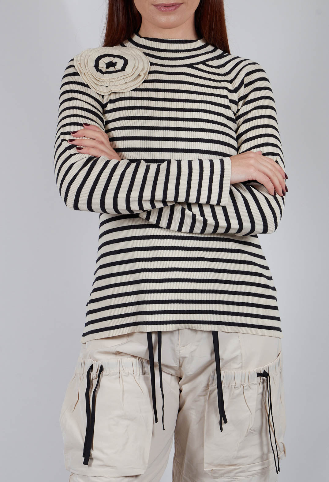 Bloom Rib Knit Blouse in Beige Stripe