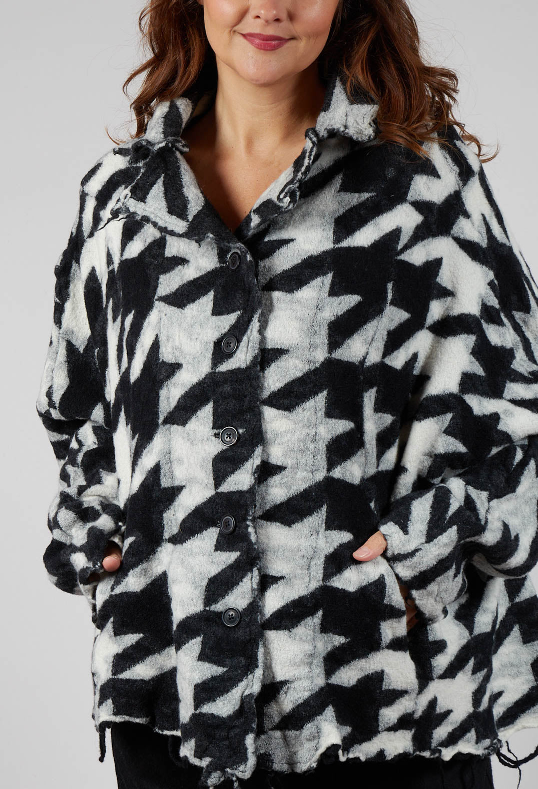 Button Dogstooth Cardigan in Black Bone Jacquard