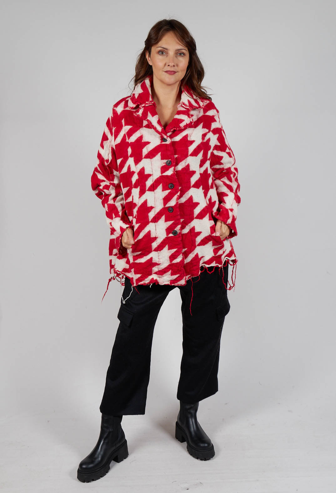 Button Dogstooth Cardigan in Cardinal Bone Jacquard