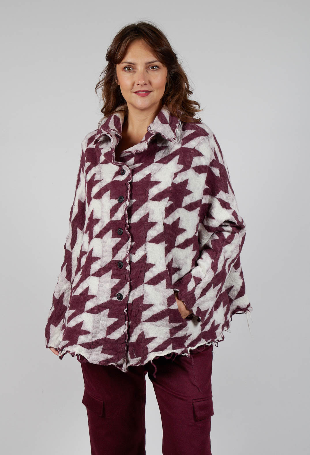 Button Dogstooth Cardigan in Merlot Bone Jacquard