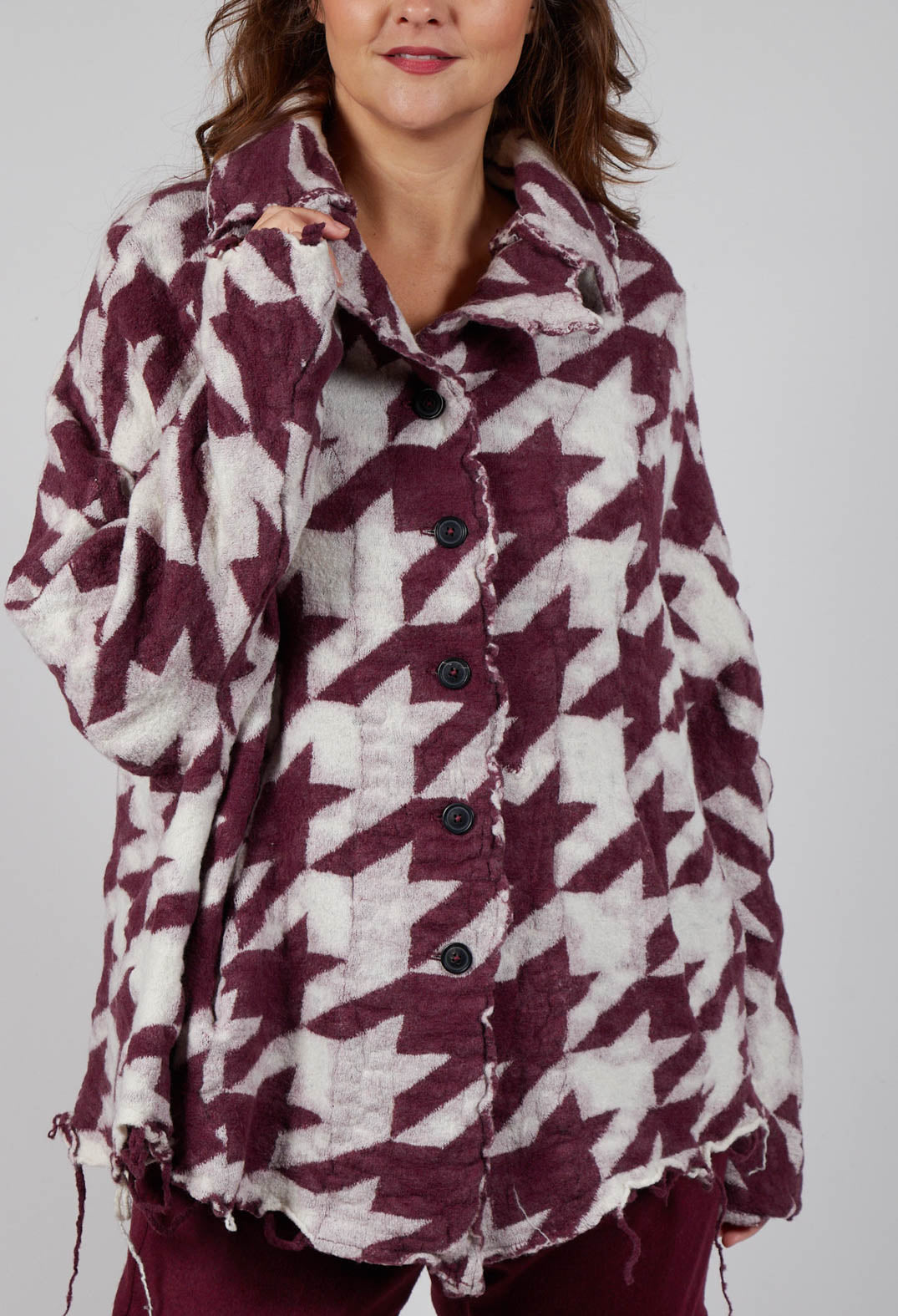 Button Dogstooth Cardigan in Merlot Bone Jacquard