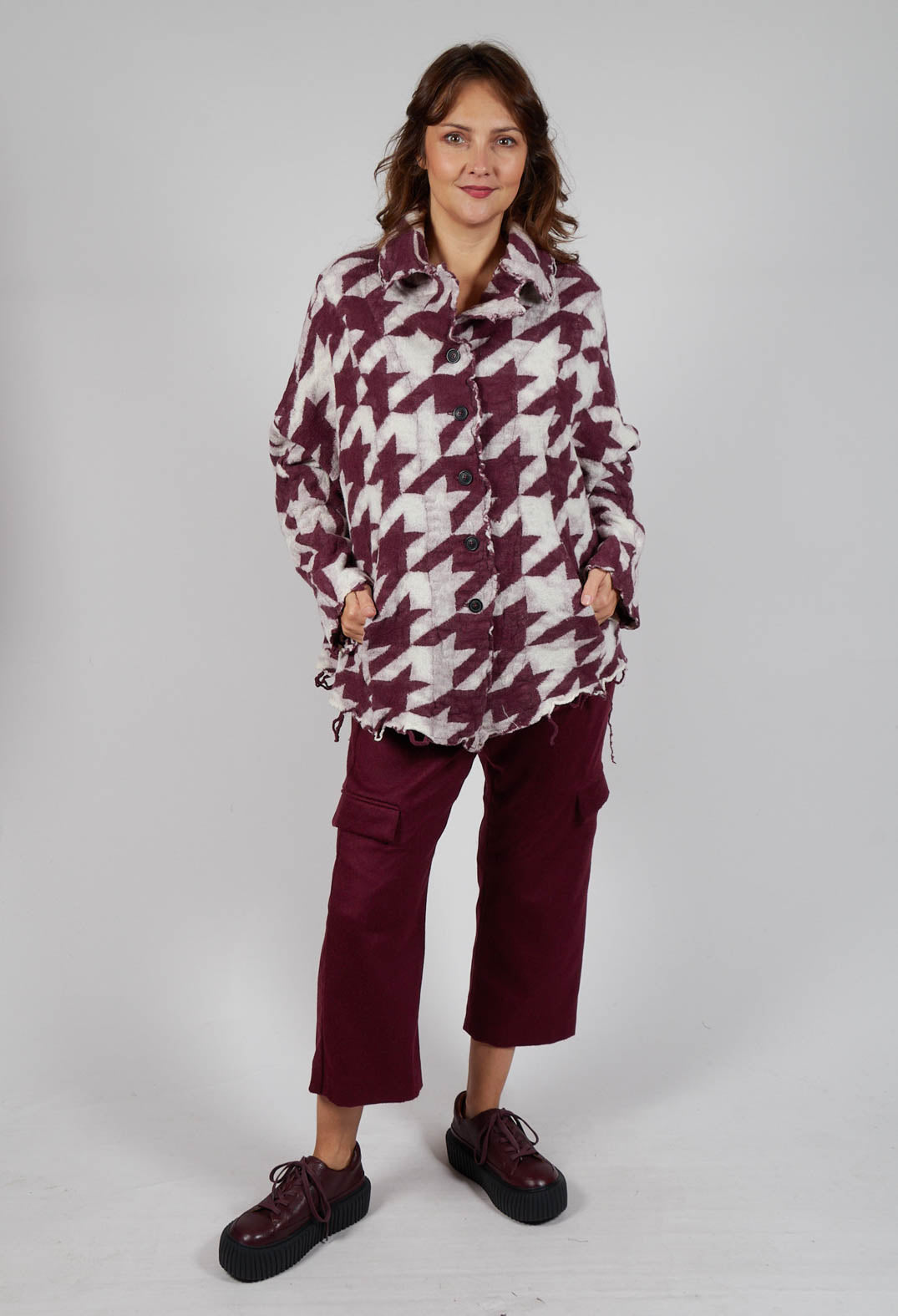 Button Dogstooth Cardigan in Merlot Bone Jacquard