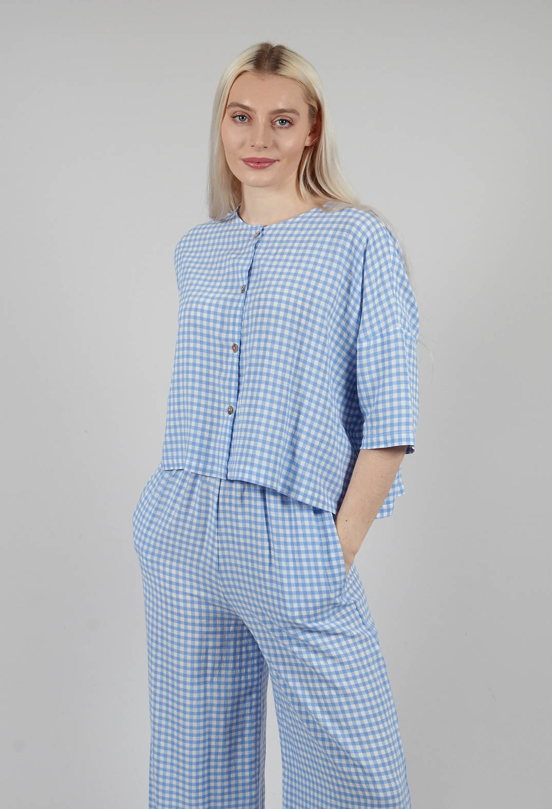 Button Through Check Blouse in Sky