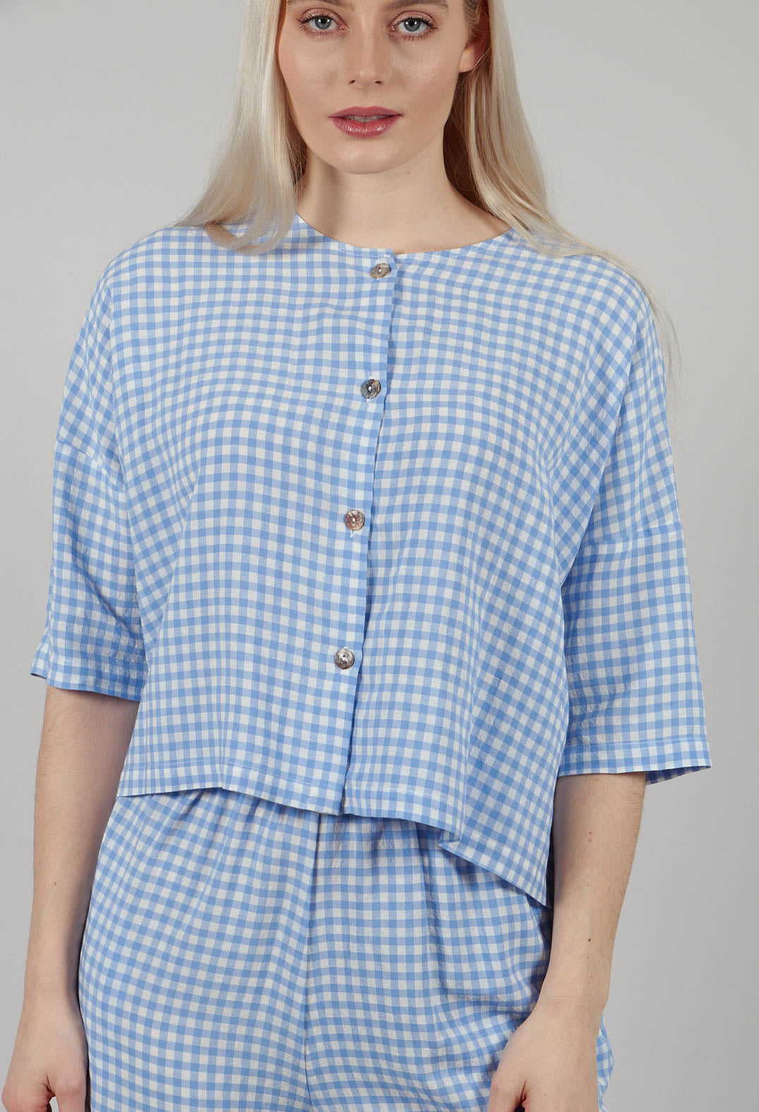 Button Through Check Blouse in Sky