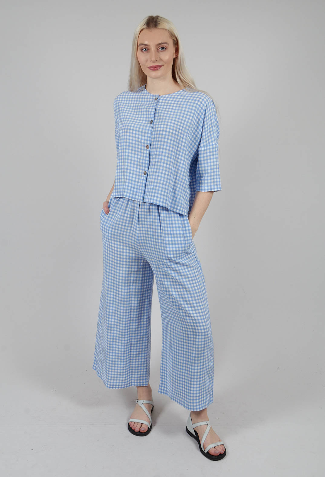 Button Through Check Blouse in Sky