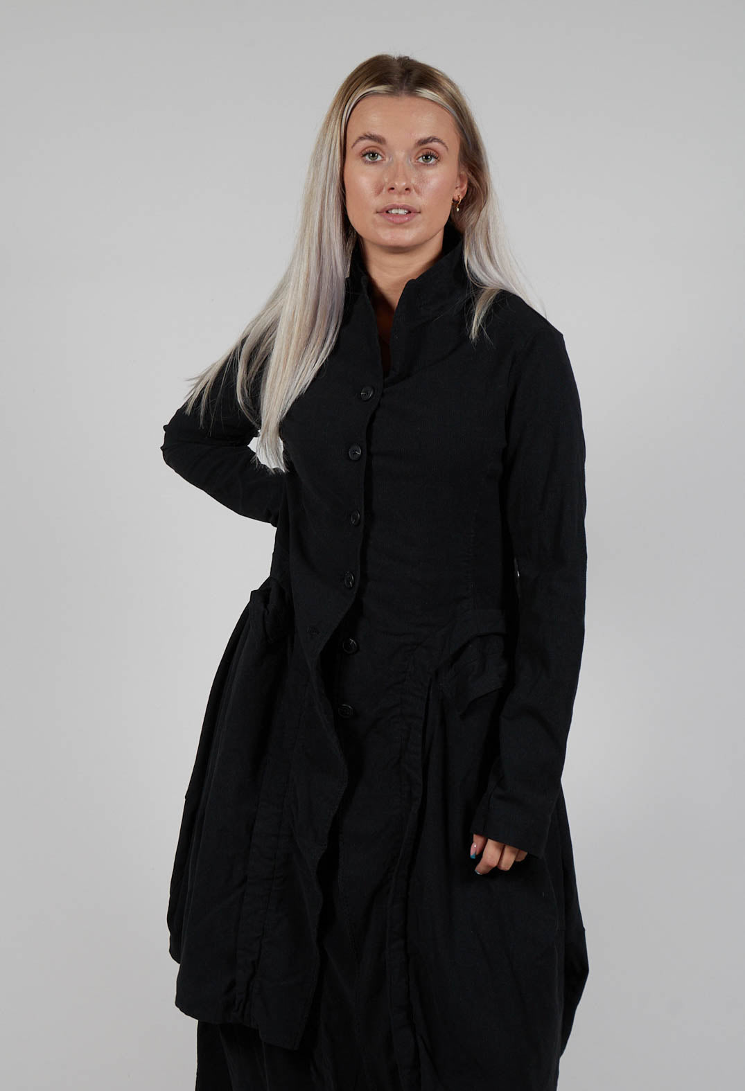 Button Through Coat with Tulip Hem in Black Stripe