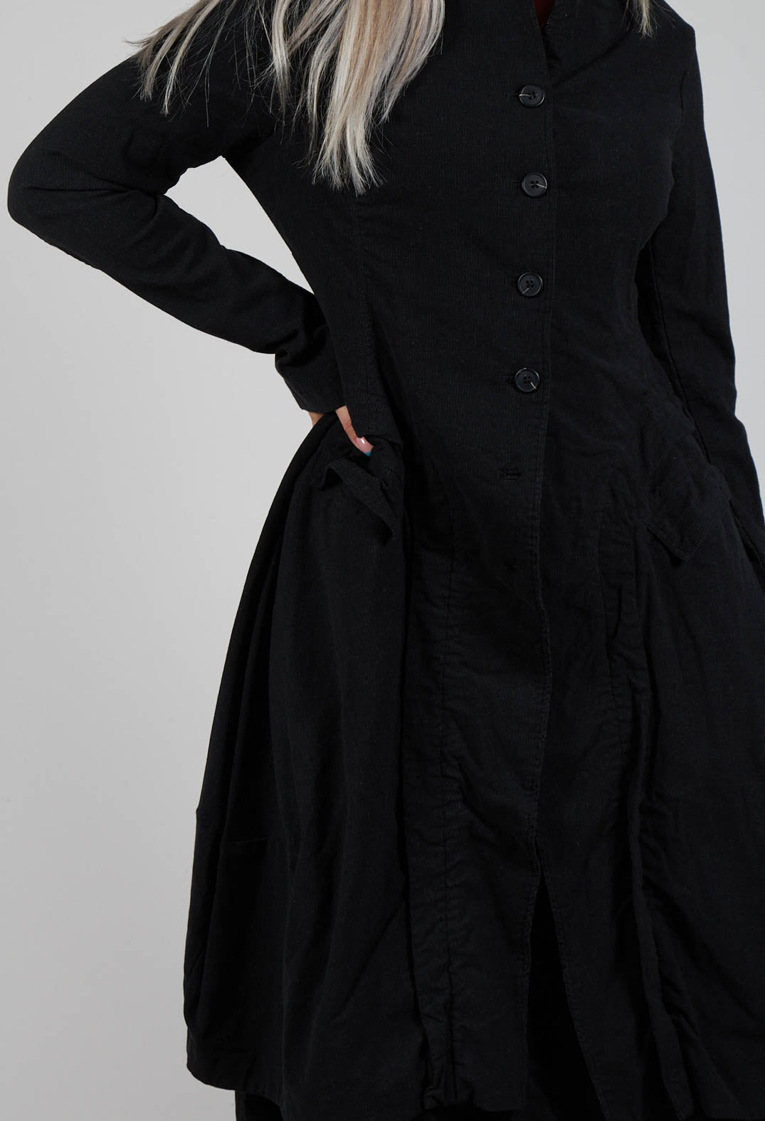 Button Through Coat with Tulip Hem in Black Stripe