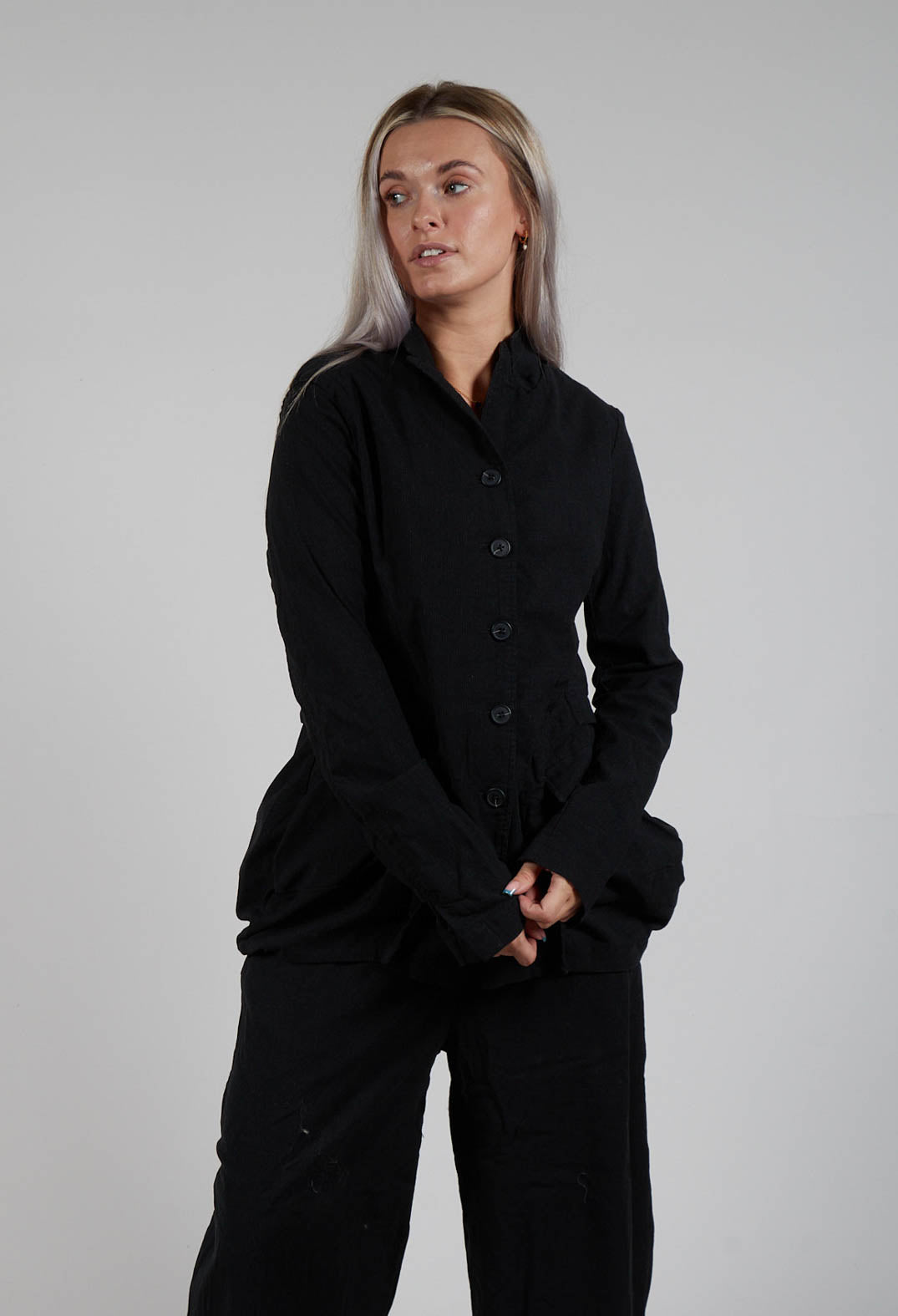 Button Through Jacket with Tulip Hem in Black Stripe