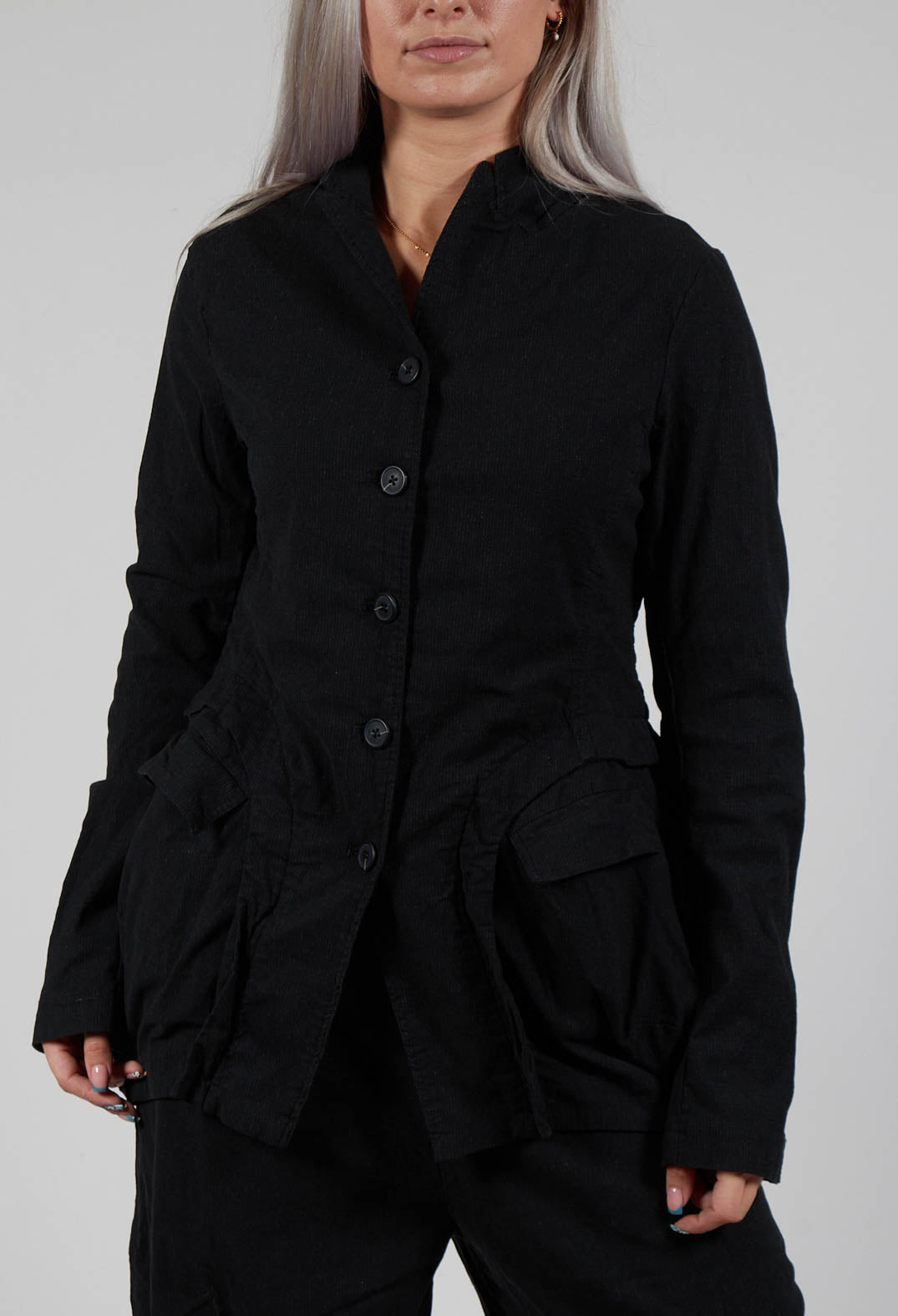 Button Through Jacket with Tulip Hem in Black Stripe