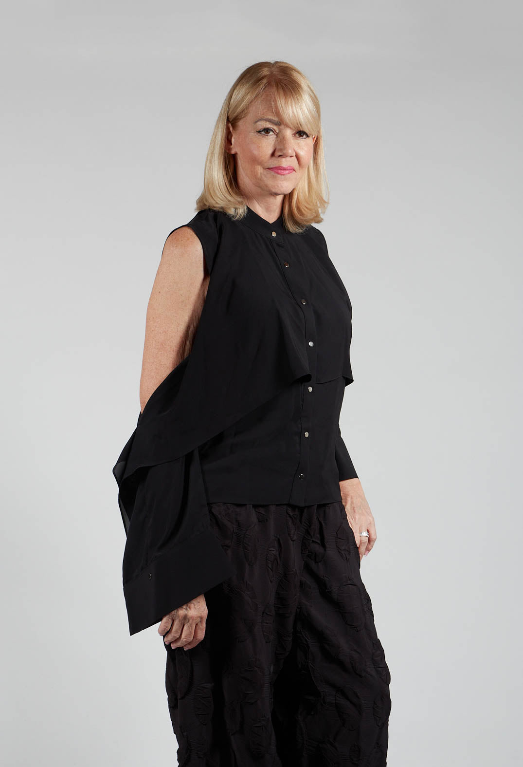 Button Through Shirt with Cut Out Shoulders in Black