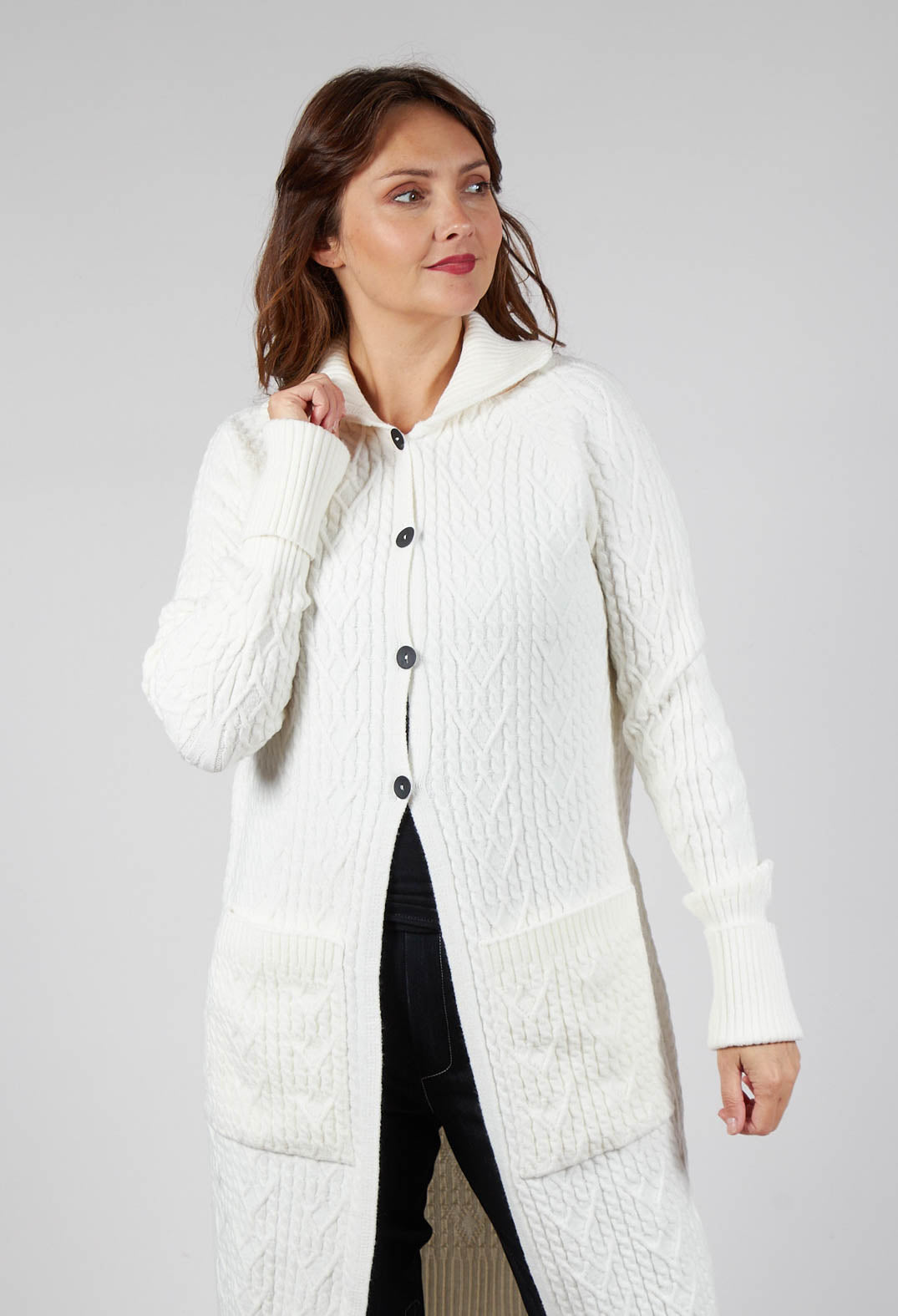 Cable Knit Long Cardigan in Off White