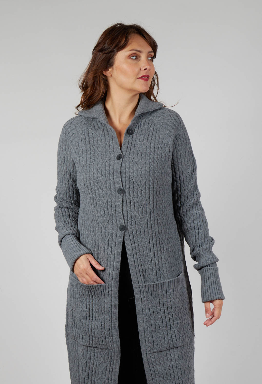 Cable Knit Long Cardigan in Steel Grey